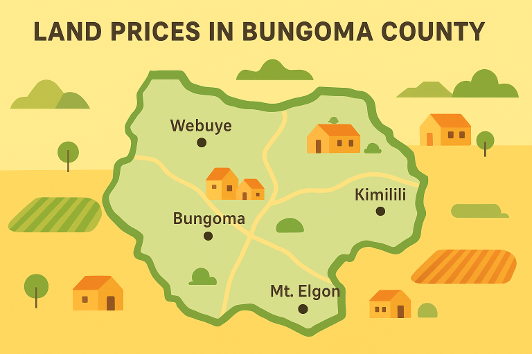 Bungoma County land prices 2025/26 map with real estate icons