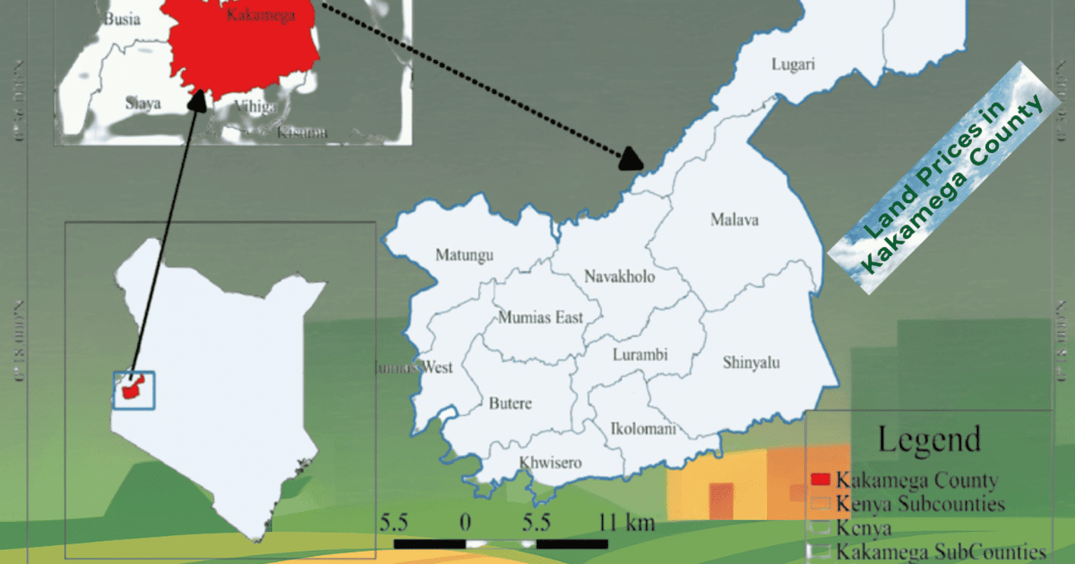Updated land prices in Kakamega County farmland and town areas.